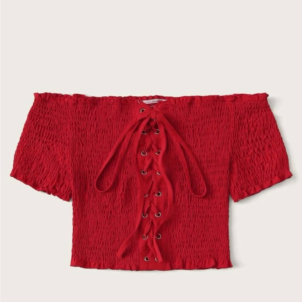 Lace Up Shirred Bardot Crop Top
